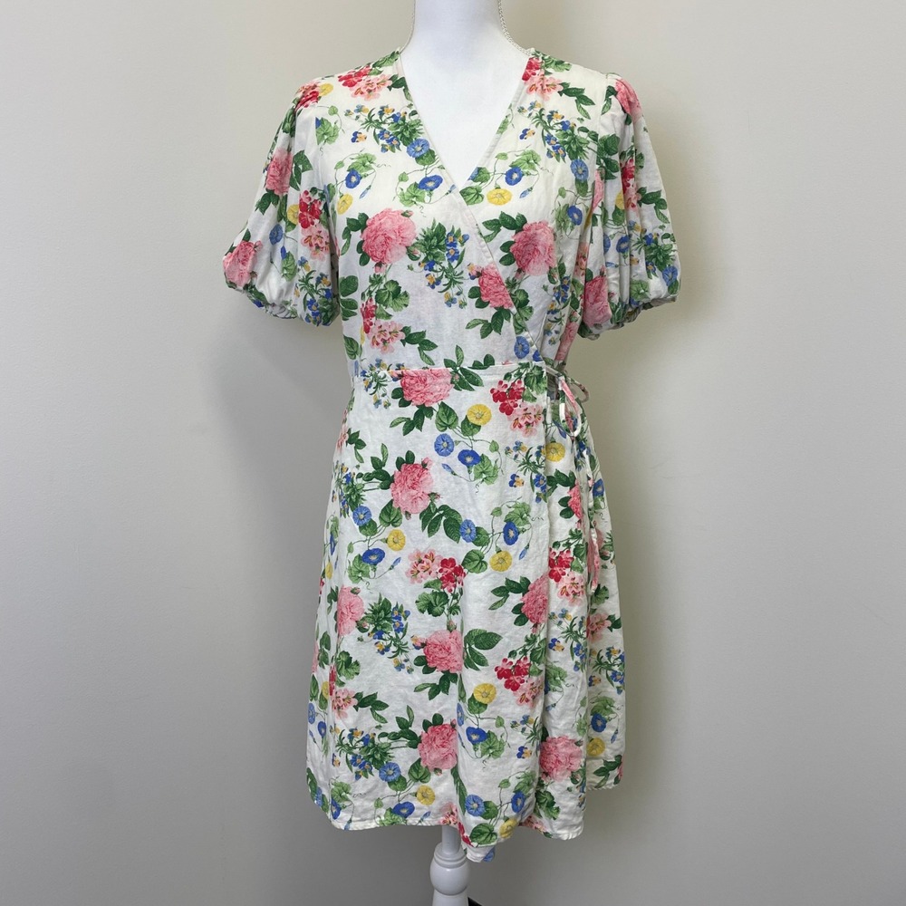 Old Navy Floral Linen Blend Wrap Dress L Short Puff Sleeve Cottagecore Peasant